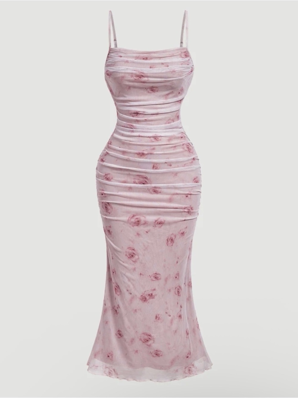 Spaghetti Strap Pink Floral Ruched Midi Dress